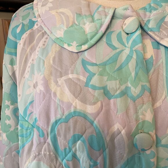 Vintage Lorraine Pastel Blue & Aqua Button-Up Quilted Robe With Floral Pattern S - Picture 2 of 5